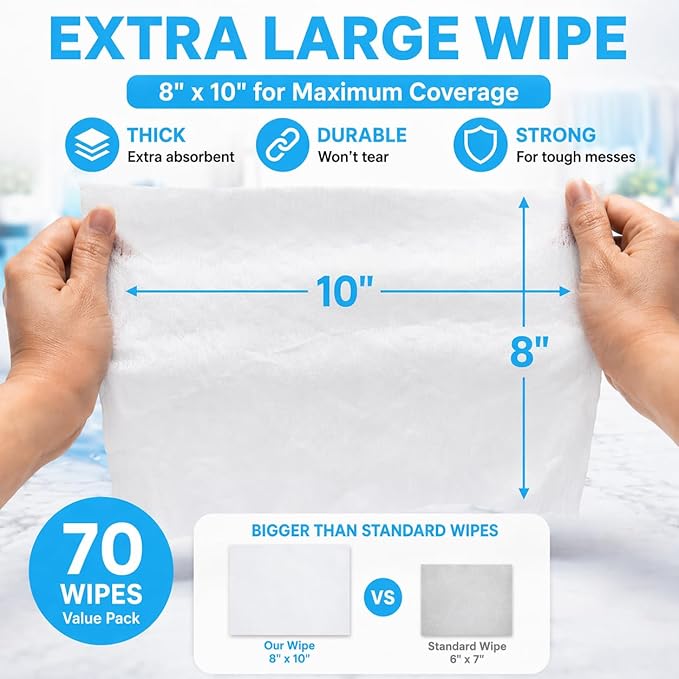 Air Jungles Glass Cleaner Wipes 70 Count, XL 10" x 8" Streak Free Cleaning Wipes for Windows, Mirrors, Car Windshield, Removes Fingerprints, Dust, Dirt, for All Glass Surfaces