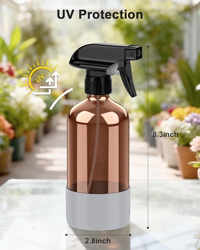 Bontip Amber Glass Spray Bottle with Silicone Sleeve Protection, 16 oz Refillable Spray Bottles for Cleaning Solutions, Plants, Aromatherapy, Facial Hydration (1, Grey, 16 oz)