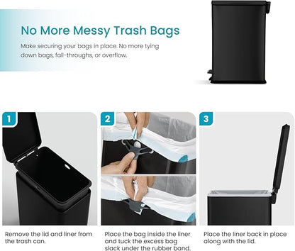 Home Zone Living 4 Gallon Slim Kitchen Trash Can with Soft Close Lid and Step Pedal, Matte Black Stainless Steel Wastebasket with Removable Bucket