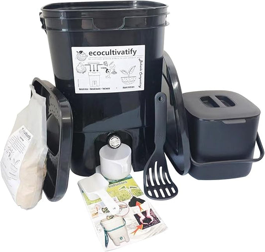 20L Bokashi Compost Bin, 5.28 Gallon Compost Bin for Kitchen Composter with Lid, Bokashi Start Kit with Bran (Tan & Dark Green) (20L/5.28GAL Black)