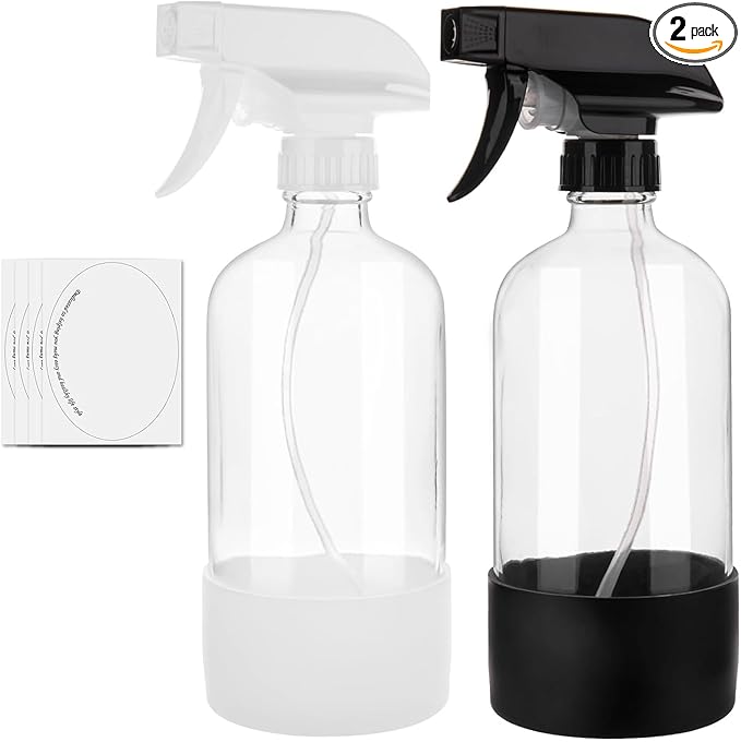 Glass Spray Bottles with Silicone Sleeve, 16 oz 2 Pack Empty Refillable Containers with Adjustable Spray Nozzles (Mist to Stream to Off), Spray Bottles for Cleaning, Hair, Plants, essential oils