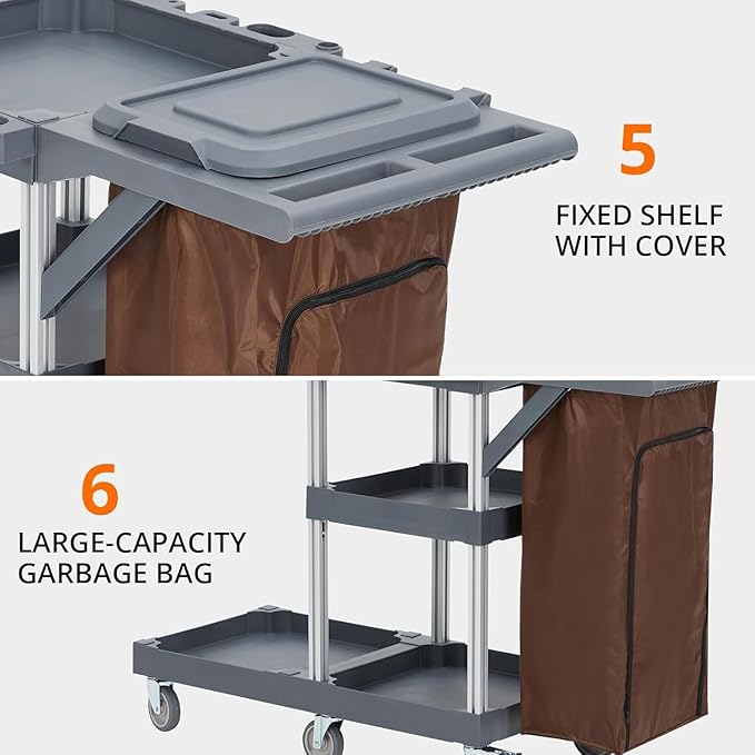 Commercial 3-Shelf Janitorial Cart with 2 Cabinets/Shelves, Commercial Traditional Wheeled Cleaning Cart with Cover and Oxford Bag, 300 Lb Capacity, Suitable for Schools, Hotels, Apartments