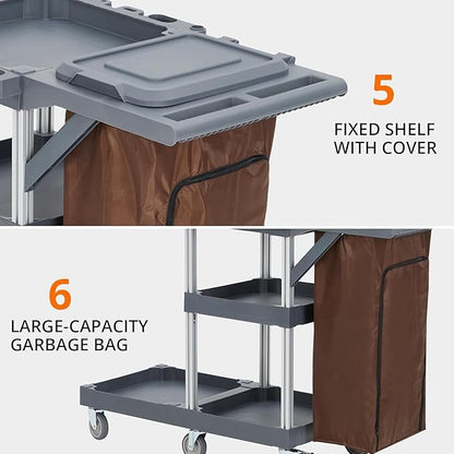 Commercial 3-Shelf Janitorial Cart with 2 Cabinets/Shelves, Commercial Traditional Wheeled Cleaning Cart with Cover and Oxford Bag, 300 Lb Capacity, Suitable for Schools, Hotels, Apartments