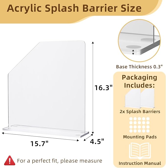 2 Pcs Acrylic Sink Splash Barrier, Clear Splatter Barrier, Freestanding Protective Panel with Cutaway, for Kitchen Hospital Labs Office, 15.7" L x 4.5" W x 16.3" H