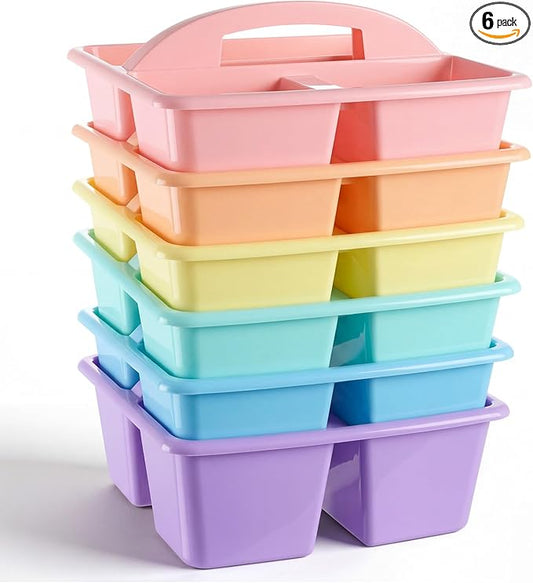 Kathfly 6 Pack Multipurpose Compartment Caddy, Plastic Storage Boxes with Handle, Assorted Colors Table Caddies Organizer for Classroom Office School Home Shower Supplies (Macaron Color)