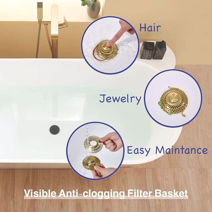 2 Pack Universal Bathtub Drain Stopper with Removable Hair Catcher, 3-in-1 Pop-up Drain Plug Fits 1.38 to 2.1 Inch Holes, Upgrade Shower Drain Cover with Stainless Steel Filter