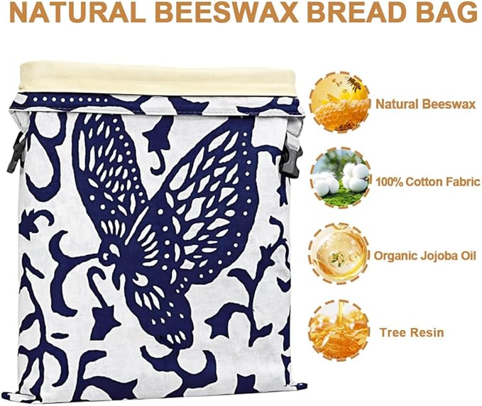 Beeswax Bread Bag XL 13x17in with Removable Lining Bowl Cover 10in Reusable Sourdough Bread Bags for Homemade Bread Storage Cotton Wax Wrap Asian Plant Batik