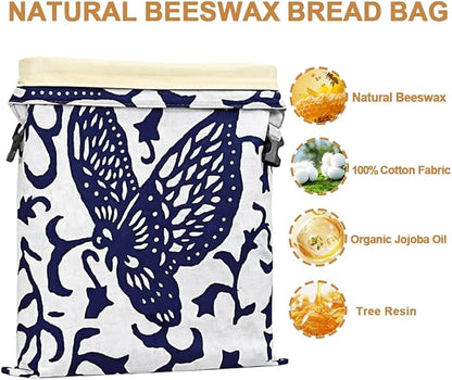 Beeswax Bread Bag XL 13x17in with Removable Lining Bowl Cover 10in Reusable Sourdough Bread Bags for Homemade Bread Storage Cotton Wax Wrap Asian Plant Batik