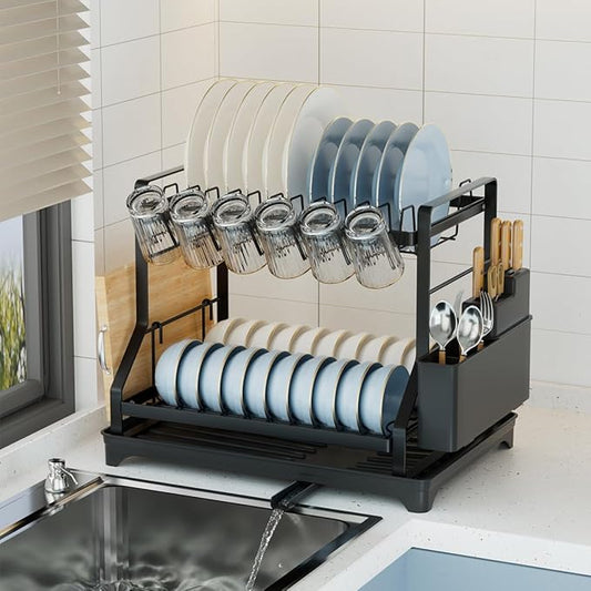 2-Tier Kitchen Dish Drying Rack with Drainboard, Black, Large Capacity Dish Rack with Cup Holder, Knife Block, Cutting Board Rack, 42x32.5x34cm