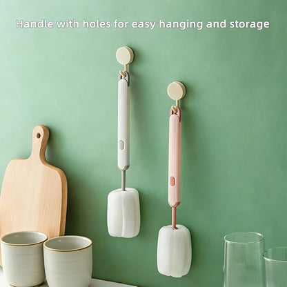 Bottle Brush Long Handle Cup Cleaner Brush Sponge Bottle Scrubber Detachable Handle Portable Sponge Cleaning Brush for Cups Wine Glasses Water Bottles Baby Bottles and Vacuum Flasks (Pink)