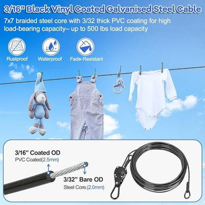 TooTaci 45ft Outdoor Clothesline Kit, 3/16" Black PVC Coated Wire Rope Retractable Clothes Line Kit with Self-Locking Pulley, Screw Hook & Snap Hook for Camping, Backyard, Balcony