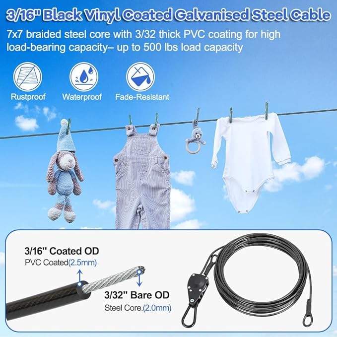 TooTaci 30ft Outdoor Clothesline Kit, 3/16" Black PVC Coated Wire Rope Portable Retractable Clothes Line Kit with Self-Locking Pulley, Screw Hook & Snap Hook for Camping, Backyard, RV, Travel