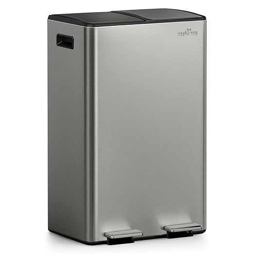 mVm 16(2X8) Gal Dual Trash Can, 2 Compartment Trash Can with Light Lids, Recycling Bin for Kitchen Home Office (Gray)