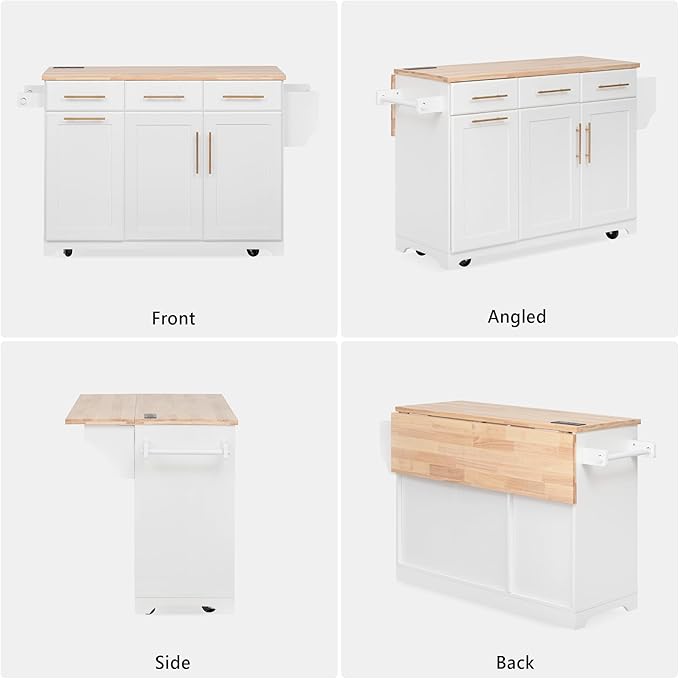 59.3" Kitchen Island with Drop Leaf and Pull Out Trash Can Storage Cabinet, Rolling Kitchen Island Table with Power Outlet, Spice & Towel Rack for Kitchen, Dining, White