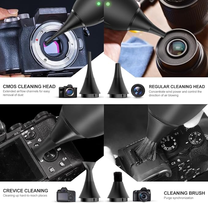 LENSGO Electric Air Blow,Camera Cleaning Kits with 4 Cleaning Heads for CMOS/Regular/Crevice Clean and Brush, 4.0kPa Dust Removal Type C Charge (Black)