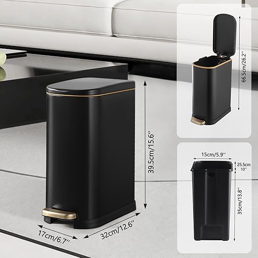 SYNCVIBE Bathroom Trash Can with Soft-Close Lid 3.5 Gallon Stainless Steel Garbage Can with Removable Inner Bucket Slim Trash Bins for Bedroom Office (Matte Black)
