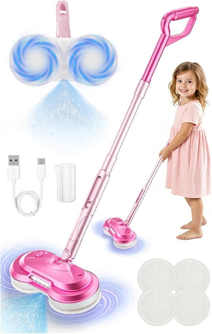 BLAXTEM Kids Electric Spray Spin Mop Toy, Rechargeable Cordless Electric Mop W/ Water Sprayer & LED Headlight for Children Girls & Boys, Cleaning Toy for Pretend Play (Pink)