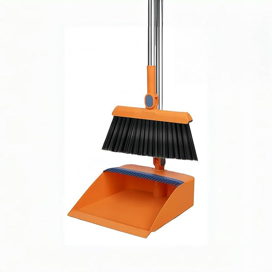 2-in-1 Broom with Dustpan Combo Set,Long Handle Broom Dustpan Combo with Dustpan Teeth to Automatically Clean Hair for Home, Indoor or Outdoor Cleaning Hall Floor (Orange)