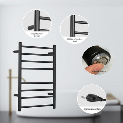 (1 Pack Yariwiz) Electric Towel Warmer for Bathroom Wall Mounted Drying Rack Plug-in Electric Heated Towel Rack Stainless Steel Round 8 Bars Bath Towel Heater Black