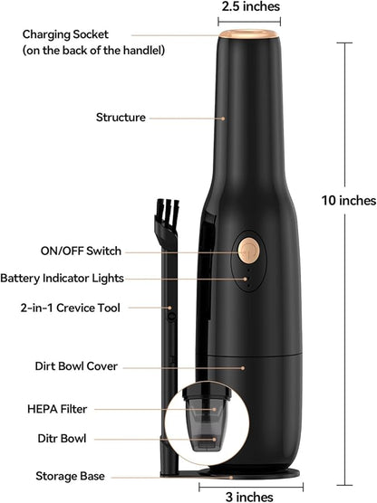 Handleld Vacuum Cordless -Car Vacuum Portable Rechargeble -Hand Held Small Vacuum Cleaner Car Seats, Home, Quick Cleanup, Strong Suction, Lightweight, Includes Crevice Nozzle & Brush -H3