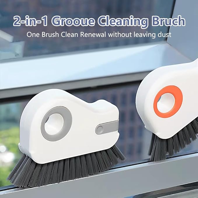 2 in 1 Groove Cleaning Brush, Window Track Cleaning Tools with Hard Bristles and Hidden Scraper, Crevice Brush for Sliding Door Track, Window Seal and Sill (Gray-2Pcs)