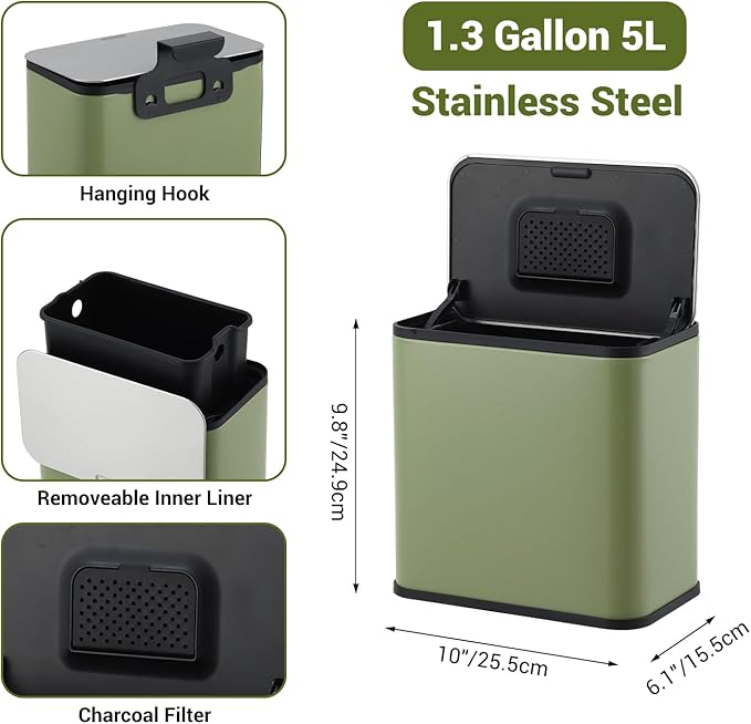 GarveeHome 1.3 gal/5L Countertop Compost Bin with Lid, Hanging Small Trash Can with Odor Control Charcoal Filter ＆ Bucket Under Sink for Kitchen, Hanging/Wall Mounted/Standing Food Waste Bin, Green