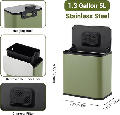 GarveeHome 1.3 gal/5L Countertop Compost Bin with Lid, Hanging Small Trash Can with Odor Control Charcoal Filter ＆ Bucket Under Sink for Kitchen, Hanging/Wall Mounted/Standing Food Waste Bin, Green