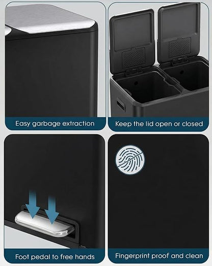 ComfyCorner 16 Gal (2 x 30 L) Dual Trash Can, Stainless Steel Kitchen Garbage Bin, Recycle Dustbin with Odor Control Box, Soft-Close Lid, Inner Buckets, Side Handle, Step Pedal, for Home Office