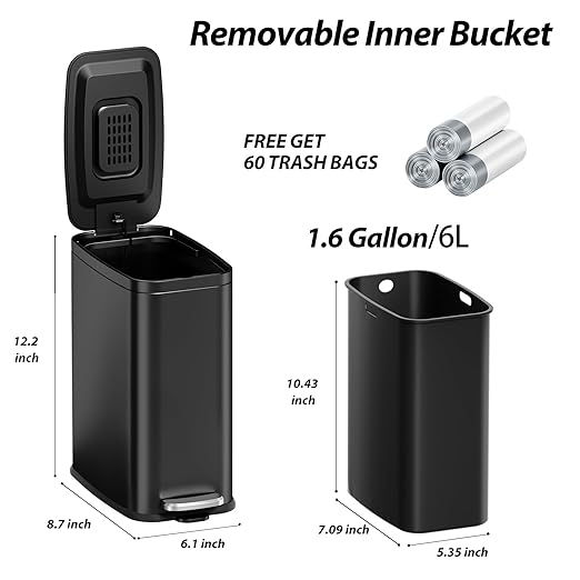 Small Bathroom Trash Can with Lid Soft Close, Step Pedal, 1.6 Gallon Black Stainless Steel Garbage Can with Removable Inner Bucket, Includes 60 Trash Bags for Home Bedroom