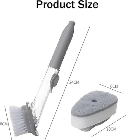 Soap Dispensing Dish Brush with Holder, Kitchen Pot Pan Scrub Brush Set with Replaceable Brush Head, Sink Cleaning Brush with Storage Tray (3-Piece Set Sponge Head)