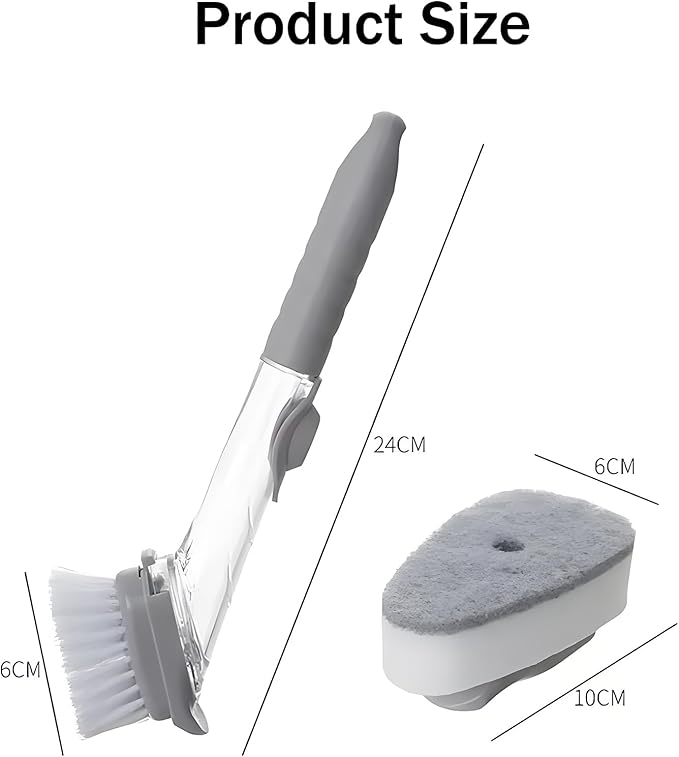 Soap Dispensing Dish Brush with Holder, Kitchen Pot Pan Scrub Brush Set with Replaceable Brush Head, Sink Cleaning Brush with Storage Tray (3-piece Brush Head Set)