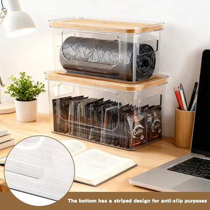 2Pcs Trash Bag Holder Under Sink Stackable Storage with 30 pcs Trash Bags, Clear Large Laundry Pods Container with Lid, Garbage Bag Dispenser Roll Holder for Kitchen Cabinet