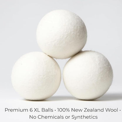 Premium Wool Dryer Balls – XL 6-Pack, 100% New Zealand Wool, Organic & Reusable, Natural Fabric Softener Alternative, Reduces Static, Wrinkles & Drying Time