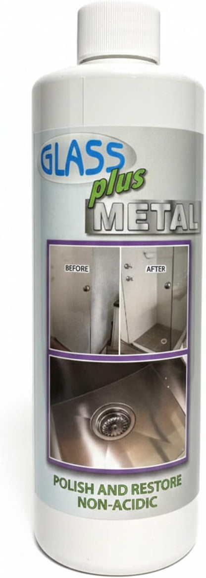 Glass Plus Metal - Polish and Restore | Safe Water Deposit & Stain Remover | Shower Glass, Stainless Steel Frames, Kitchen, Bath Fixtures, Windshield, Ceramic, Toilets | 16 oz