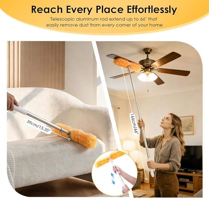 Extendable Duster Kit, 6 ft Telescoping Handle and 12 Disposable Microfiber Refills Pads, Dusters for Cleaning Ceiling Fan, Blind, Wall, Hard-to-Reach Areas