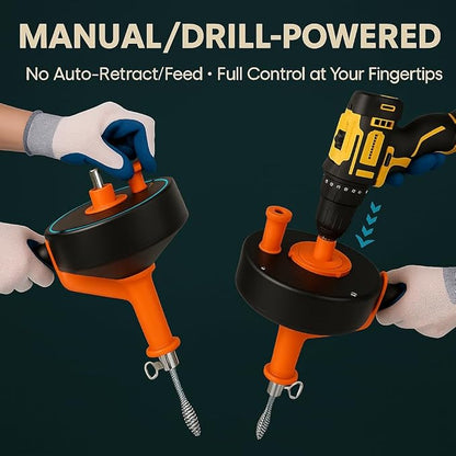42 FT Drain Snake Hair Drain Clog Remover, Manual Or Powered, Plumbing Snake With Drill Adapte,Unclog Sink Drain Tool, Drain Auger for Toilet、Shower、Kitchen、Sink, No Auto Retract Or Feed, Orange