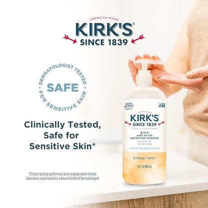 Kirk's Citrus Twist 3-in-1 Nourishing Cleanser, Shampoo Body Wash Bubble Bath, Coconut Oil and Aloe Vera, Vegan Non-GMO, 32 Fl Oz