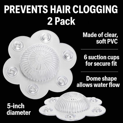 2-Pack Hair Catcher Drain Cover – 5" Dome-Shaped Soft PVC with 6 Suction Cups – Clear Hair Stopper for Shower & Bathtub Drains – Prevents Clogs Without Blocking Water Flow