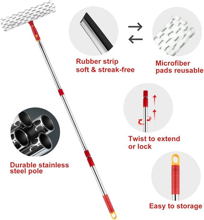 Squeegee for Window Cleaning, 12" Squeegee and 11" Microfiber Scrubber Combi with Stainless Steel Pole, Extendable Window Cleaner for Car, Sliding Door, Shower Glass Door-Swivel Style-2 Pads