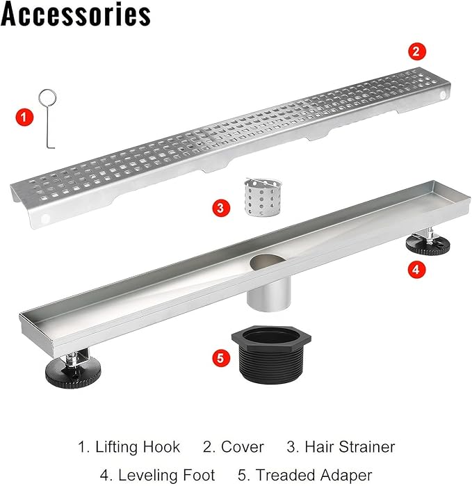 SaniteModar Linear Shower Drain, Shower Drain 54 inch with Removable Grate,Brushed 304 Stainless Steel Shower Drain Include Hair Strainer,Adjustable Leveling Feet