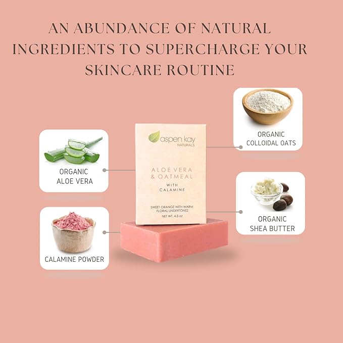 Aloe Vera & Oatmeal Soap Bar with Calamine, Natural & Organic Ingredients - Organic Aloe Vera & Colloidal Oats. Face & Body - for Men, Women & Teens. Gentle Body Wash. 4.5 oz Bar (Pack of 3)