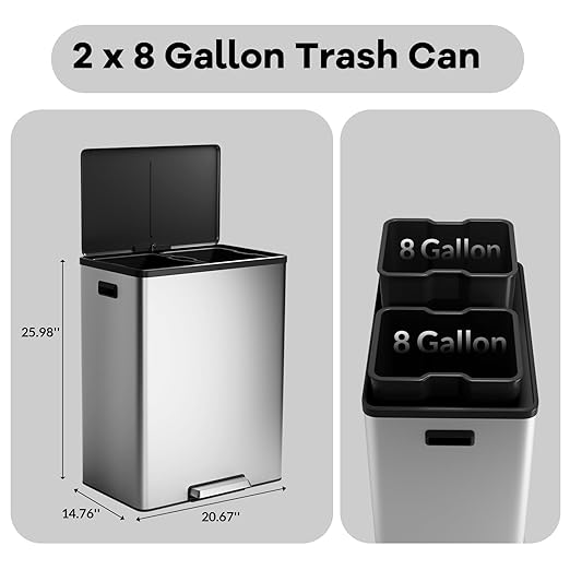 Large Stainless Steel Dual Compartment Recycling Trash Can 60 l/16 Gal Recycle Bins with Lid Waste Bin with Removable Buckets, Bathroom,Kitchen Garbage Can