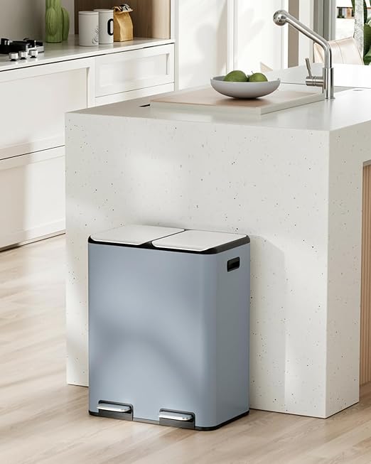 Arlopu 16Gal Dual Trash Can w/2 Built-in Box for Odor Control, Hands-Free Kitchen Garbage Bin, Recycle Waste Dustbin, Soft-Close Lid, 2 Buckets,Foot Pedal, Side Handle, Airtight,for Home (Haze Blue)