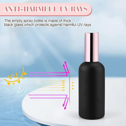 6 Pack 3.4 Oz Black Frosted Glass Spray Bottles,Empty Perfume Fine Mist Atomizer,Rose-Golden Pump Head Travel Liquid Holder Containers for Cologne,Essential Oils,Body Sprays-Funnel&Pipette