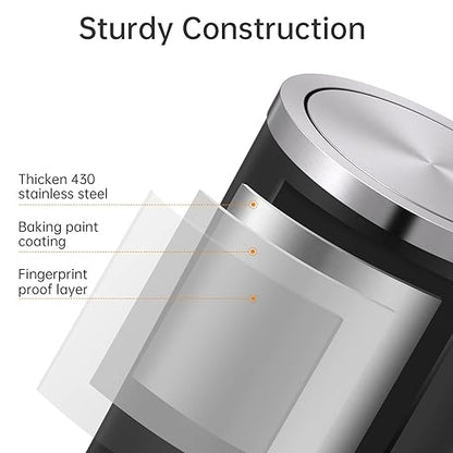 Mbillion Small Trash Can with Swing Lid 2.4 Gallons/9 Liter, Mini Trash Can with lid, Stainless Steel Cylindrical Garbage Can for Home and Office Bathroom Bedroom, for Ground and Desktop(Black)