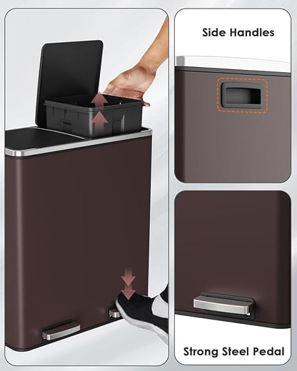 Arlopu Dual Trash Can, 2 x 8 Gallon (2 x 30 L) Hands-Free Trash and Recycle Bin Combo, Stainless Steel Kitchen Garbage Can with Soft-Close Lid, Removable Inner Buckets, Step Pedal, Airtight (Brown)