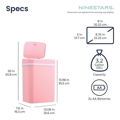 Ninestars 3 Gallon Automatic Trash Can, 12L Touchless Motion Sensor Bathroom or Bedroom Garbage Can with Odor-Sealing Lid, Impact-Resistant ABS Plastic, Pink