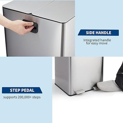 Garvee 2 x 4 gal Dual Compartment Trash Can for Kitchen - Stainless Steel Step Garbage Bin with Removable Buckets, Odor Control Filter & Soft-Close Lid | Recycling & Waste Separation Rubbish Bin