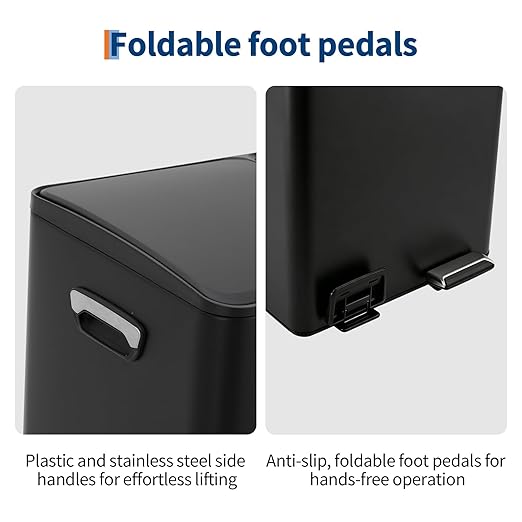 Dual 2 x 5.3 gal (2 x 20L) Stainless Steel Trash Can with Recycling Bin, Soft-Close Lid, Foldable Anti-Slip Step-on Pedal, Stainless Steel Handle, Removable Plastic Inner Buckets for Kitchen or Office