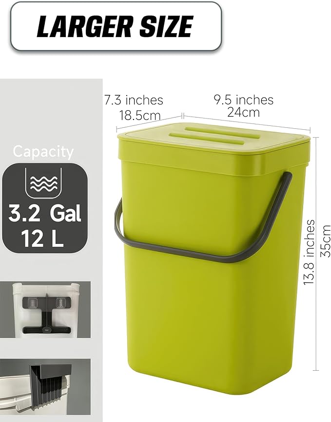 Kitchen Compost Bin - 3.2 Gallons Hanging Trash Can with Lid for Kitchen Bathroom, Under Sink Trash Can, Outdoor Compost Bucket with Lid, 12L(Lime Green)